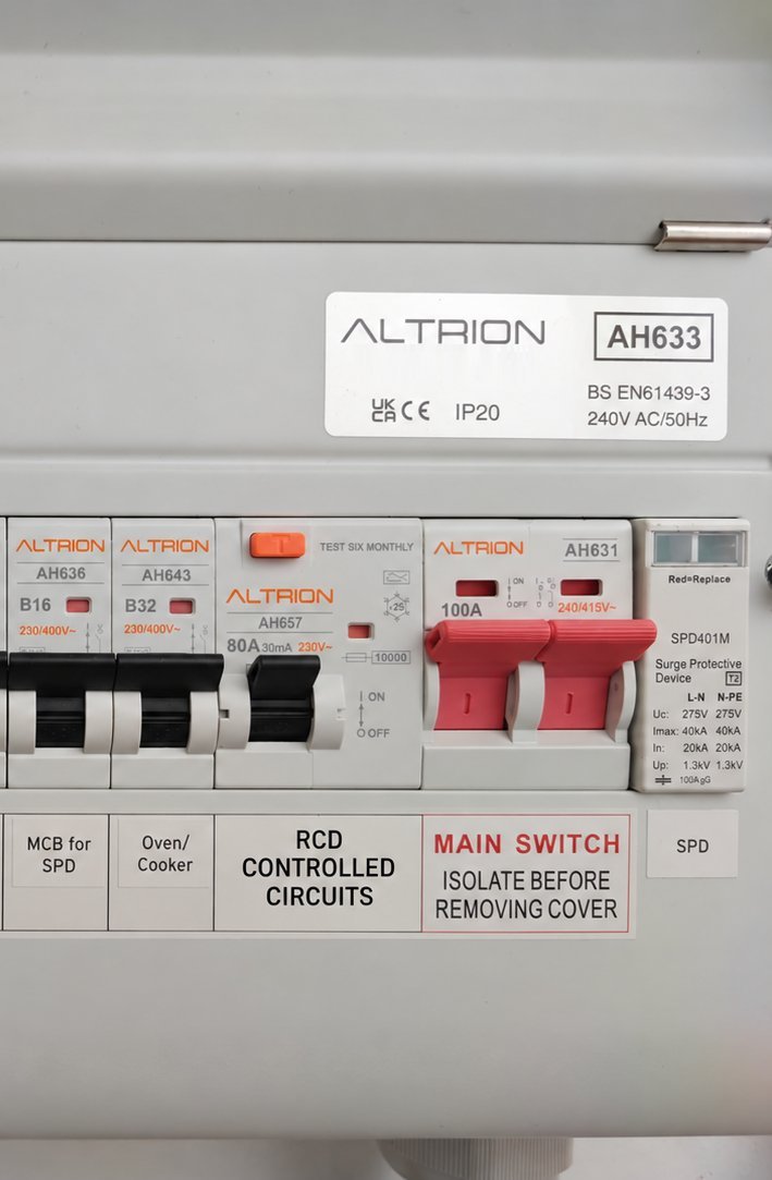Consumer unit with a Type 2 surge protection device fitted beside the main switch in Brighton & Hove
